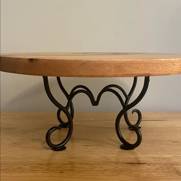Round Wood Pedestal Board 5” Tray With Metal Legs Used